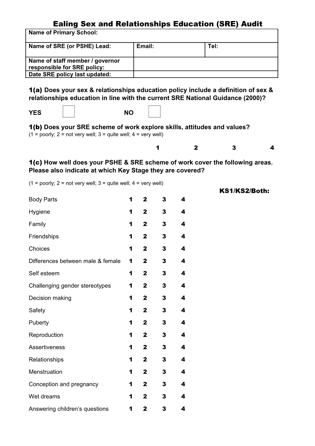 Ealing Sex and Relationships Education (SRE) Audit