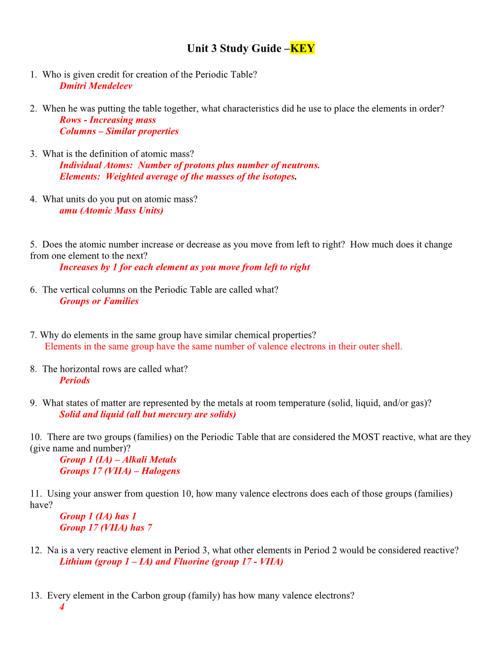 Periodic Table Study Guide