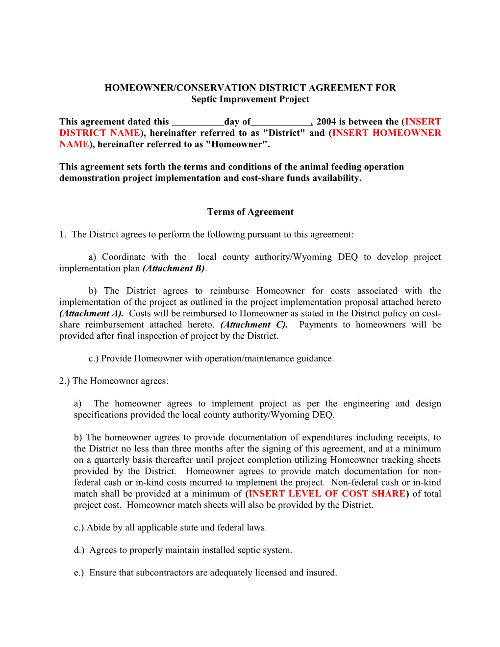 Homeowner/Conservation District Agreement For