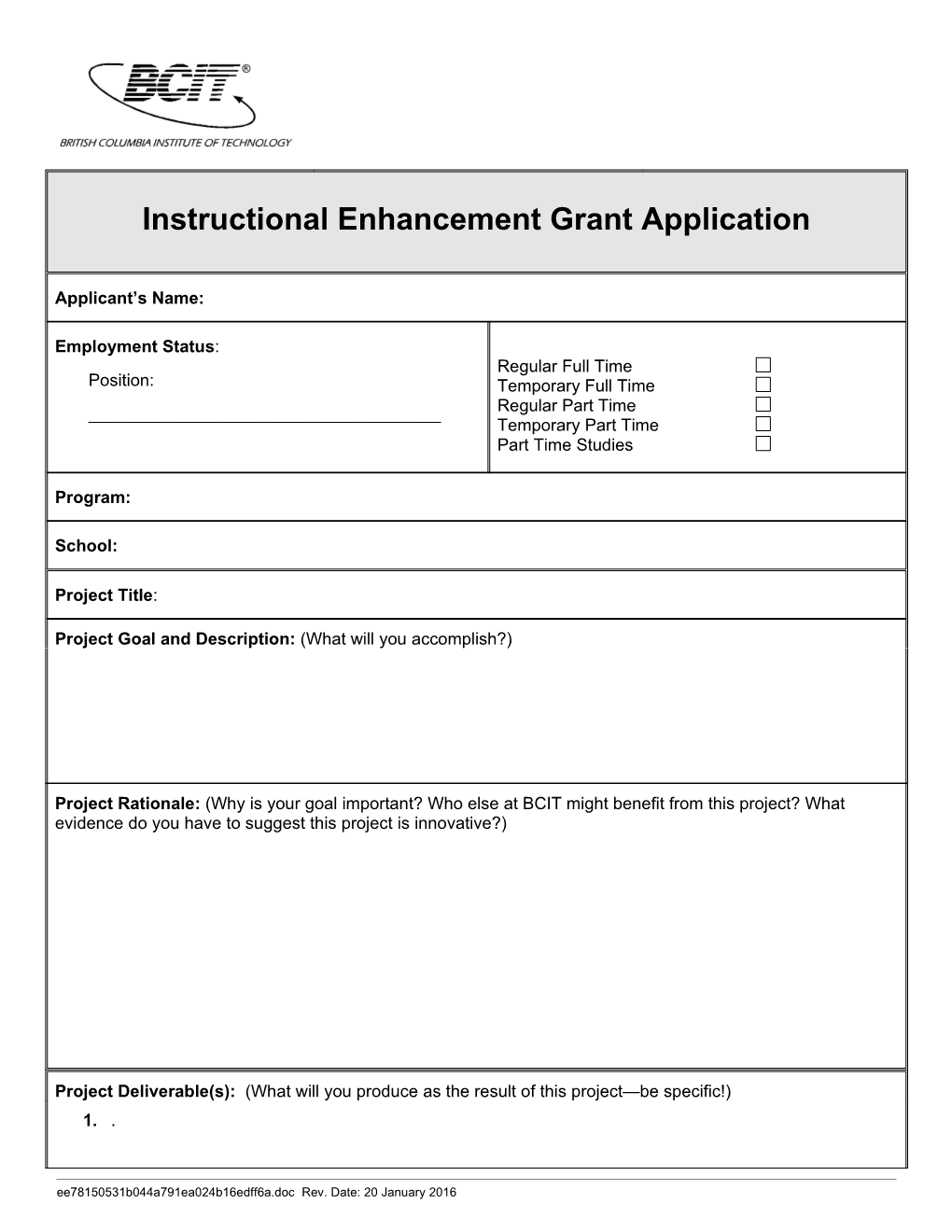 Grant Application 2016 Rev. Date: 20 January 2016