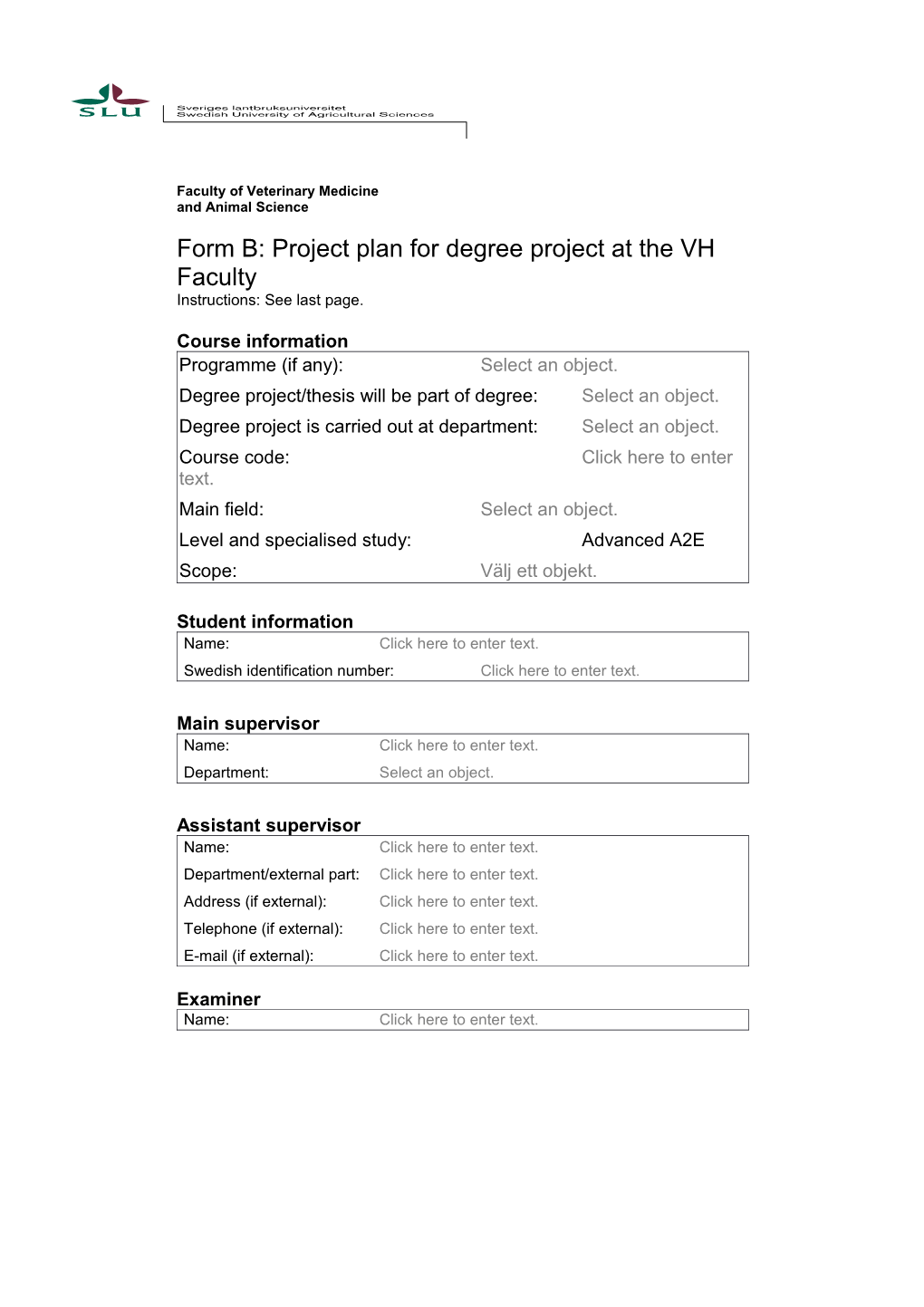 Form B: Project Plan for Degree Project at the VH Faculty