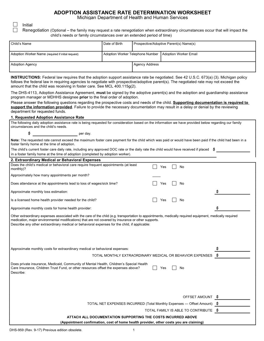 Adoption Assistance Rate/Determination Worksheet, DHS-959
