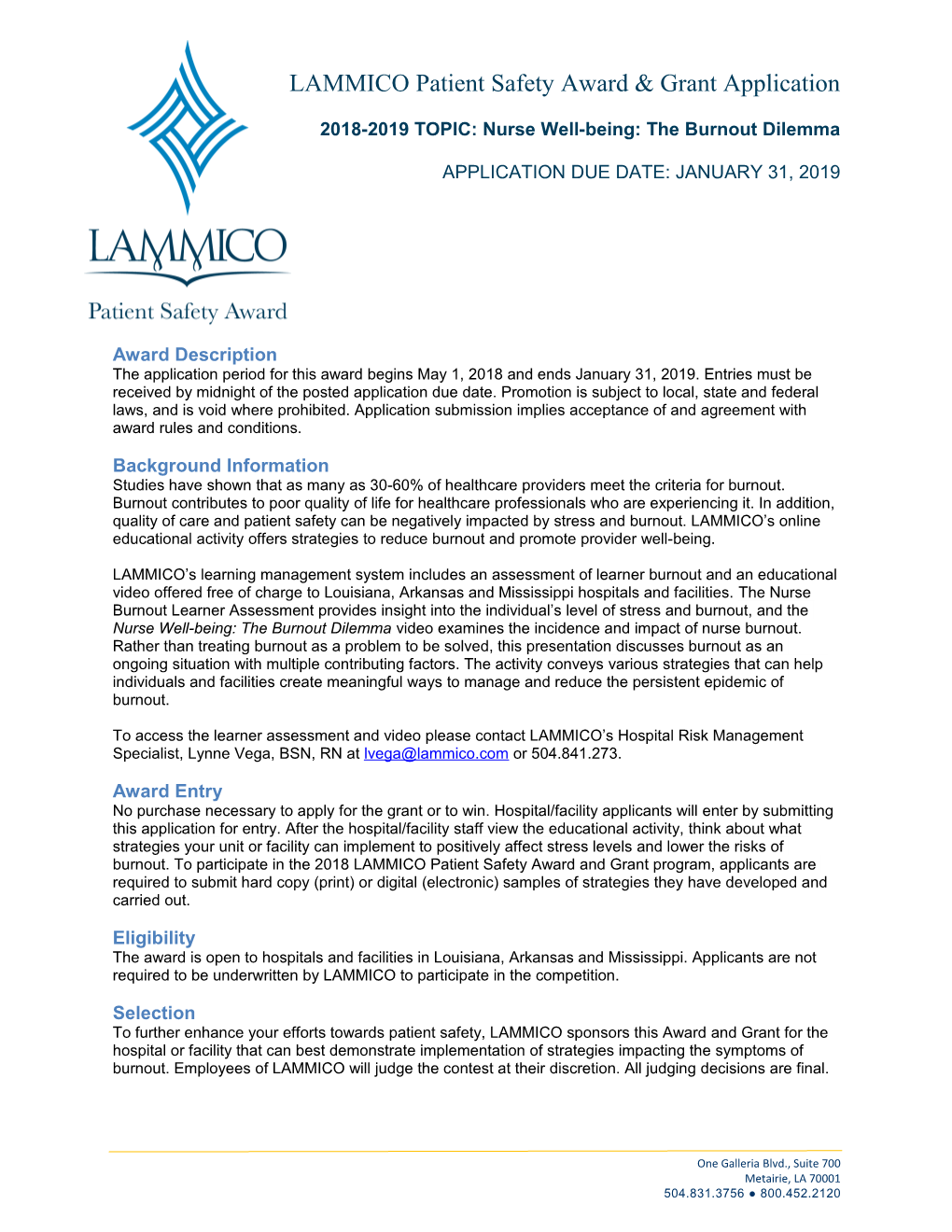 2018-2019 LAMMICO Patient Safety Award & Grant Application