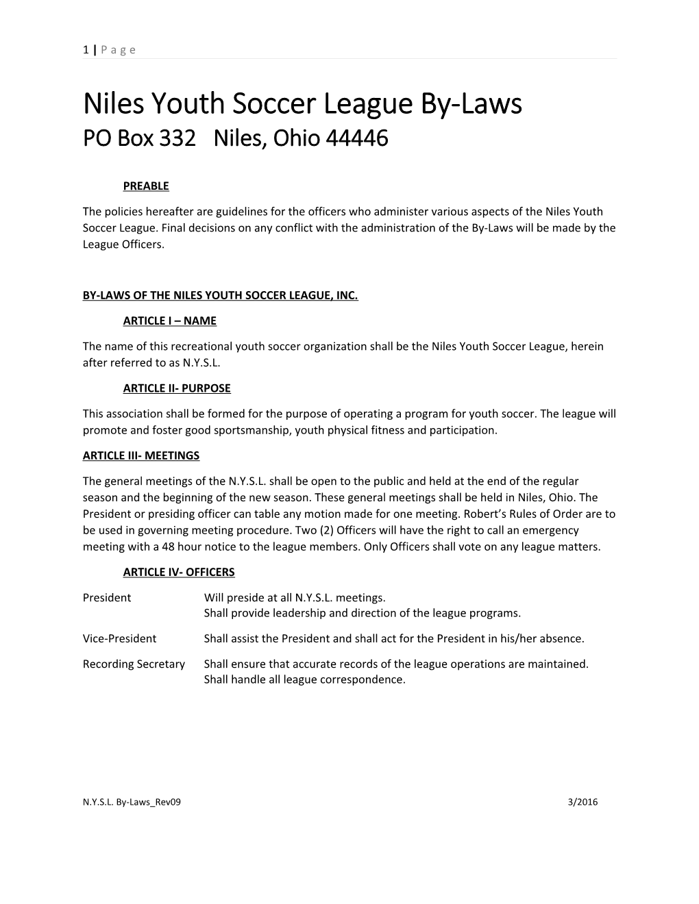 Niles Youth Soccer League By-Laws