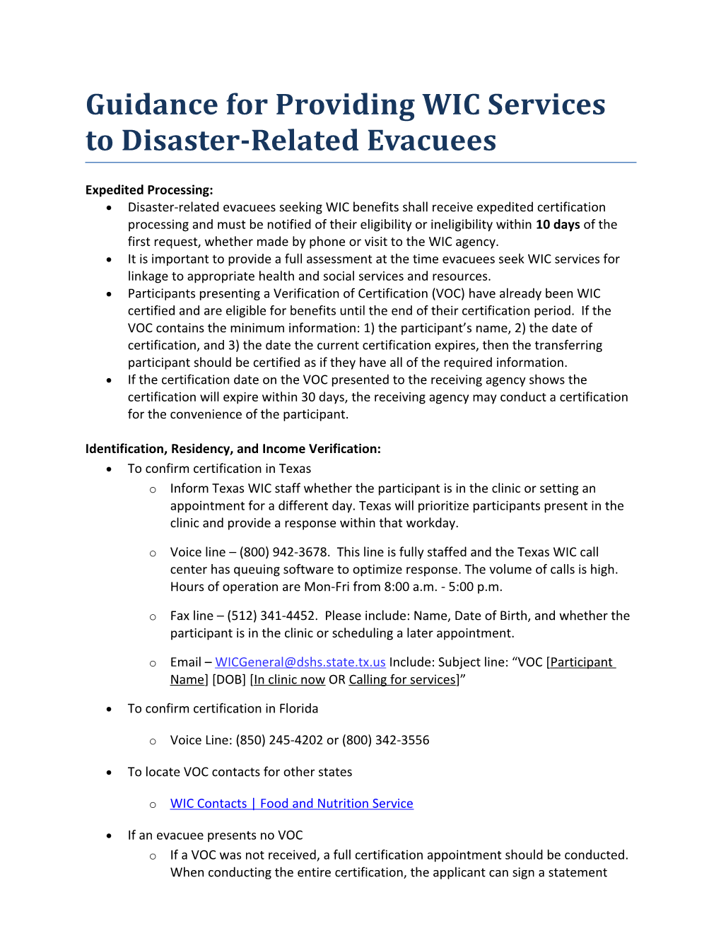 Guidance for Providing WIC Services to Disaster-Related Evacuees