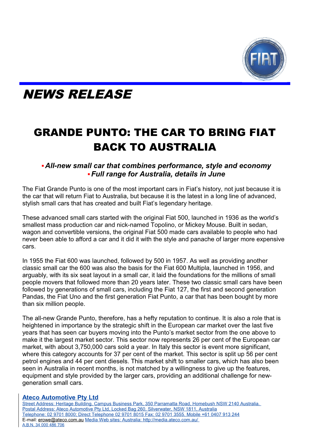 Grande Punto: the Car to Bring Fiat Back to Australia