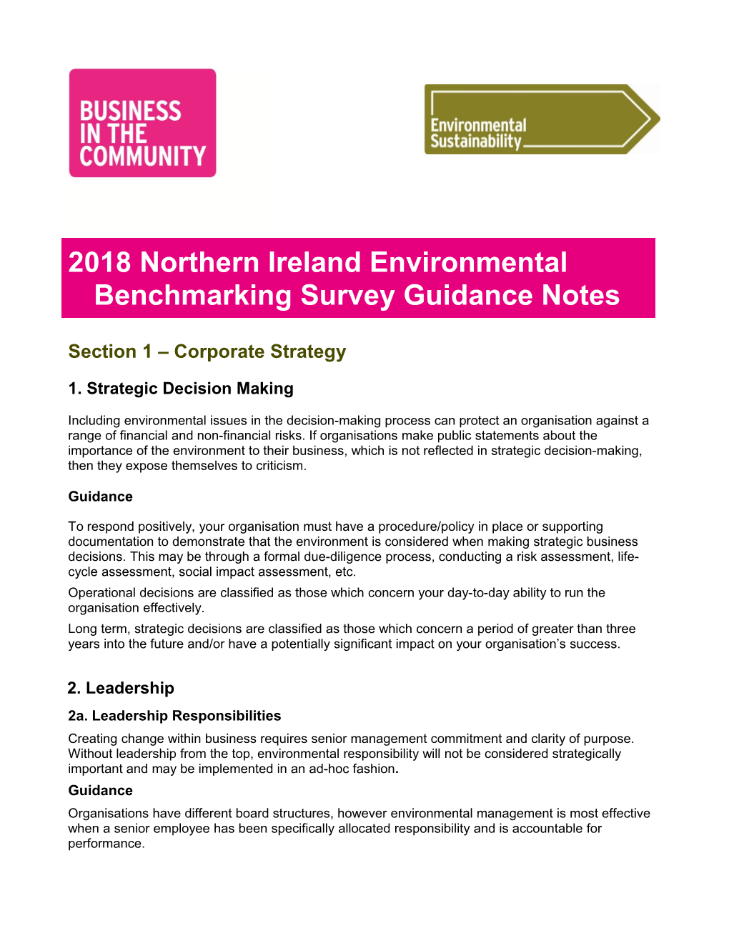 2018 Northern Ireland Environmental Benchmarking Survey Guidance Notes
