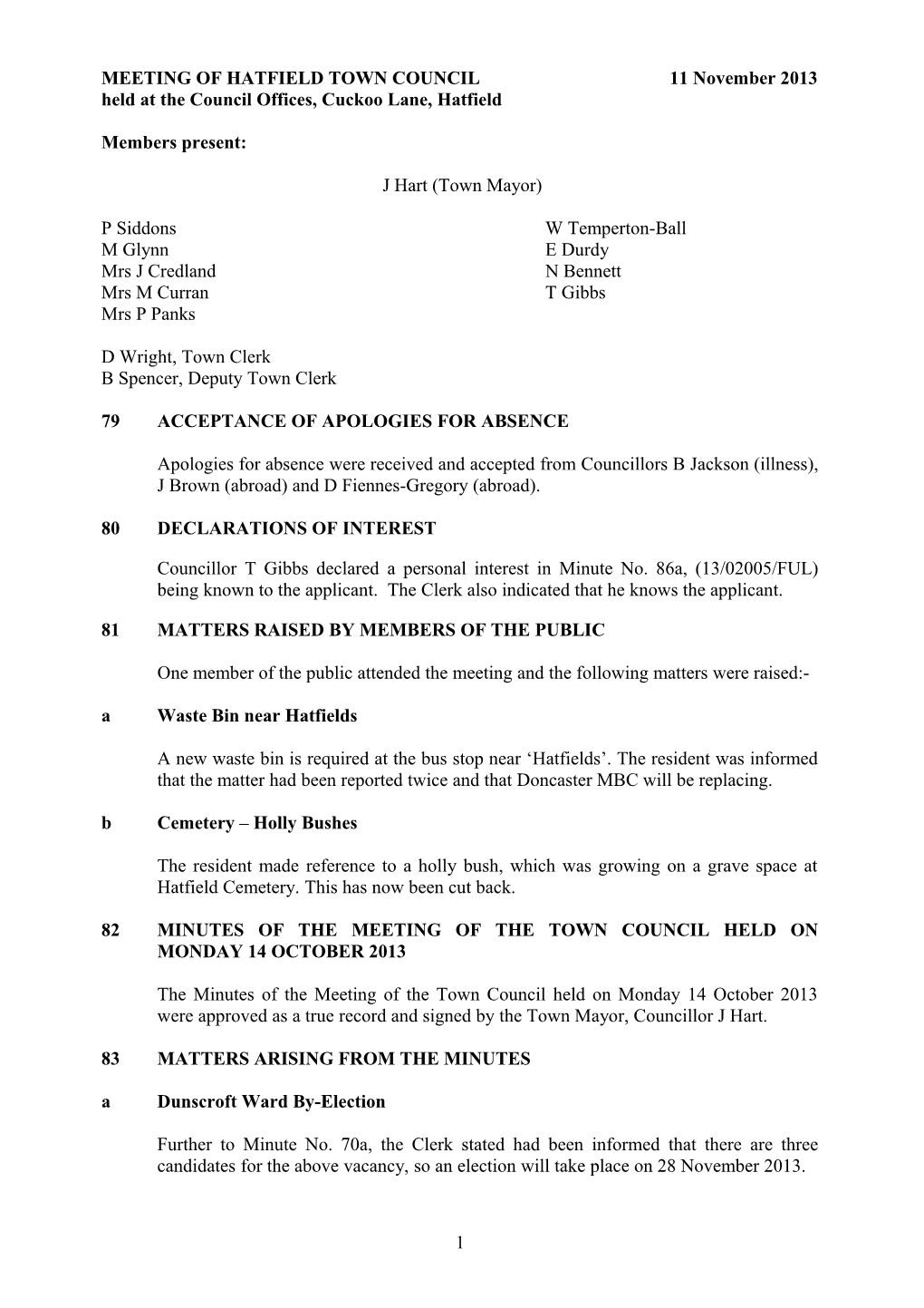 Meeting of Hatfield Town Council