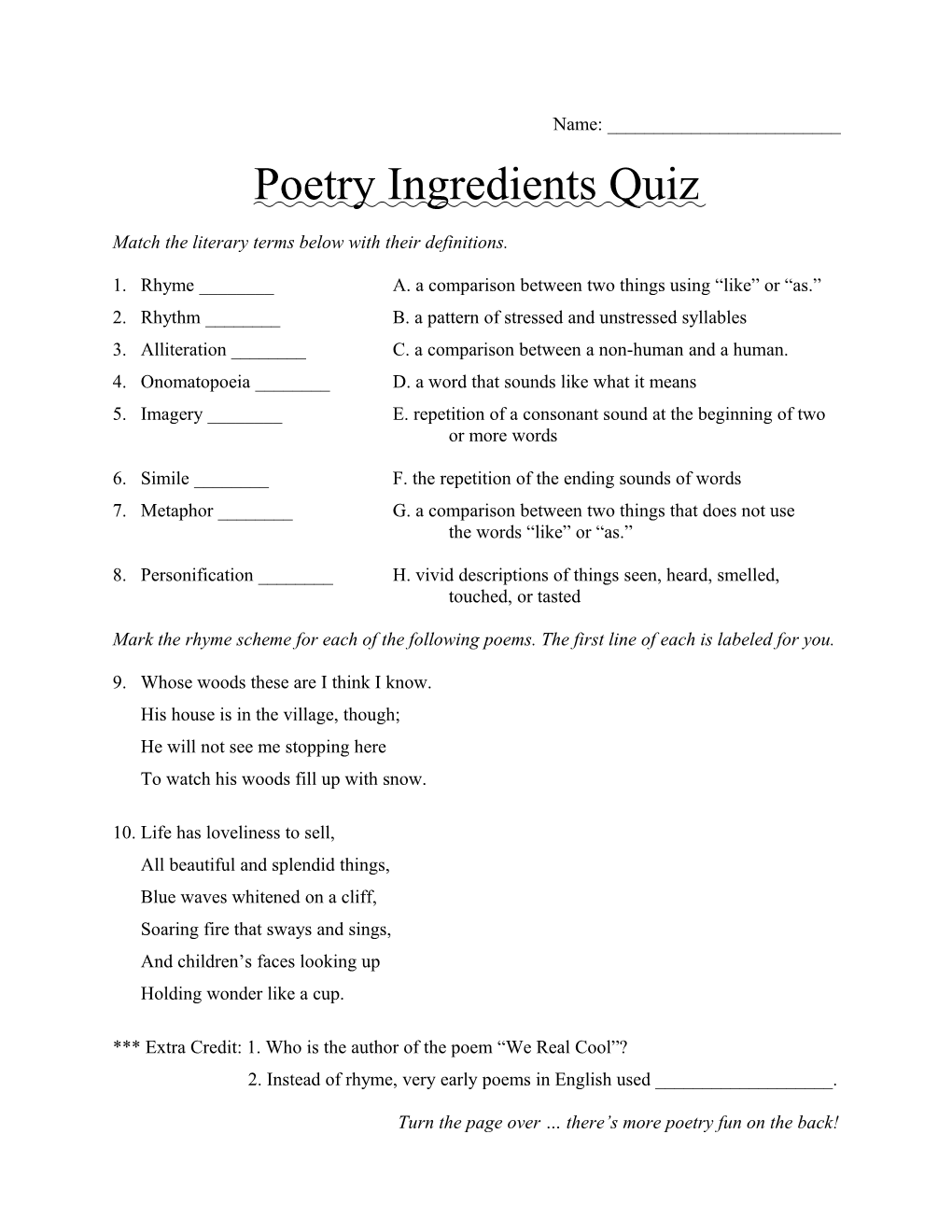 Match the Literary Terms Below with Their Definitions