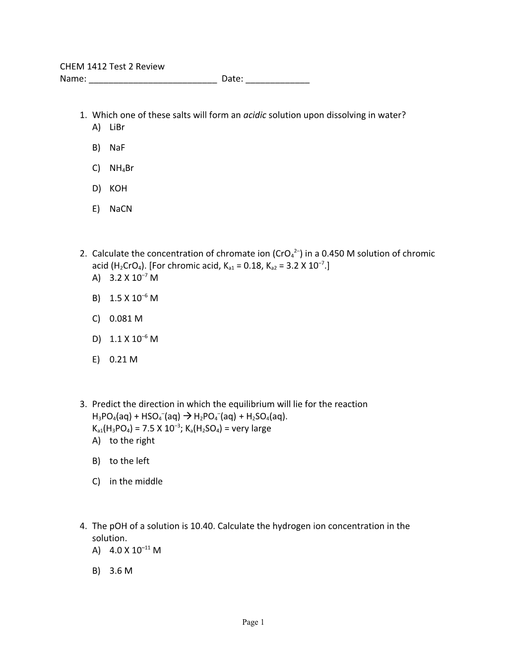 CHEM 1412 Test 2 Review