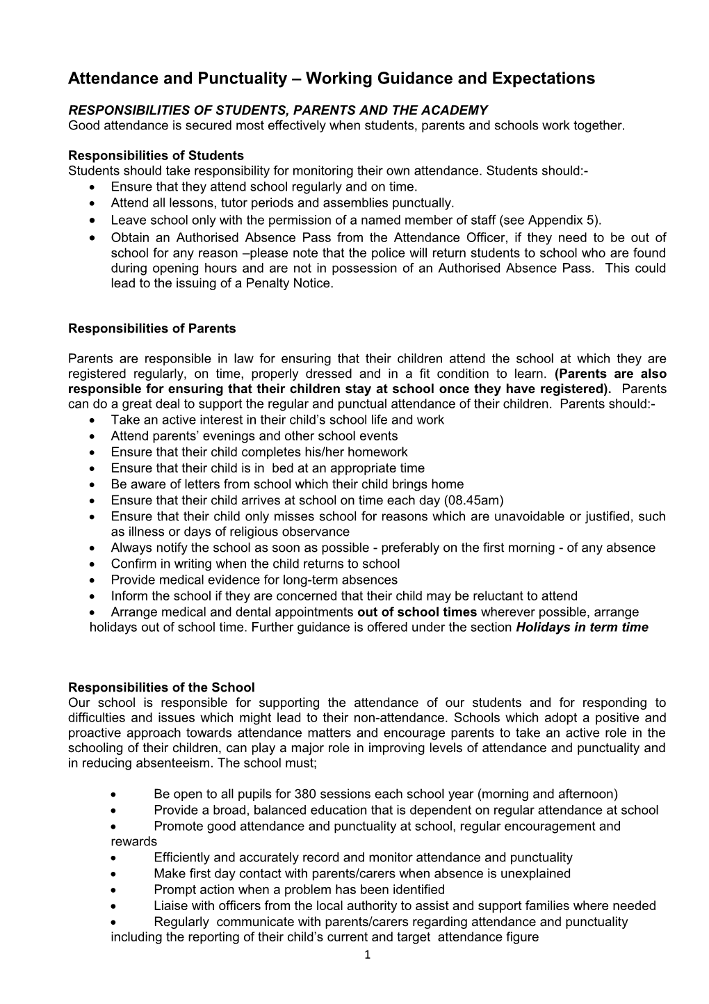 Attendance and Punctuality Working Guidance and Expectations