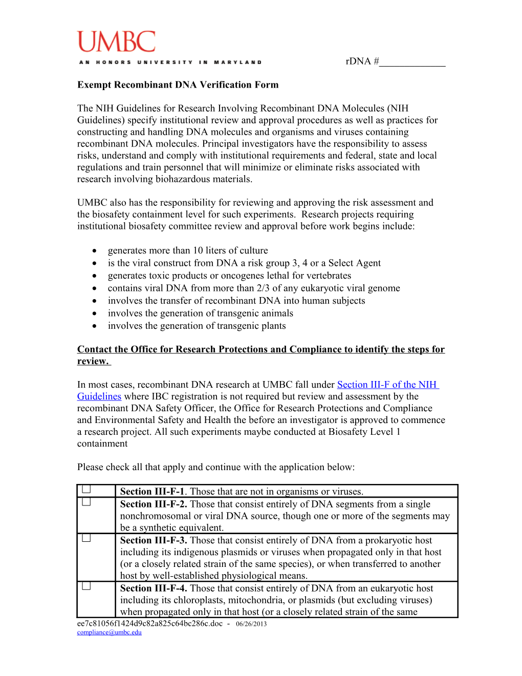 Application for Research for the Use of Exempt Recombinant DNA