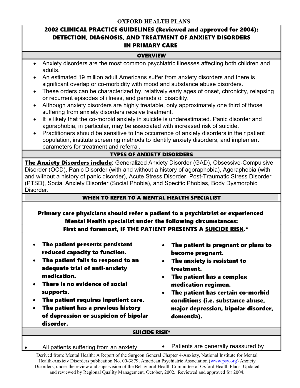 2002 CLINICAL PRACTICE GUIDELINES (Reviewed and Approved for 2004)