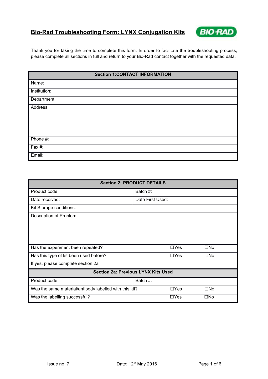 Bio-Rad Troubleshooting Form: LYNX Conjugation Kits