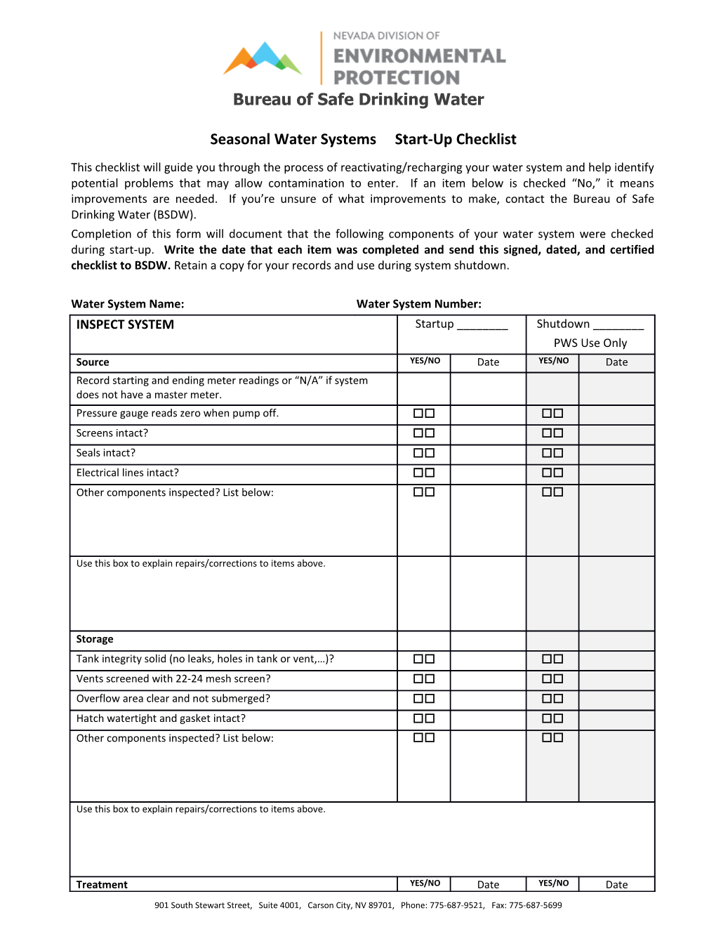 Seasonal Water Systems Start-Up Checklist