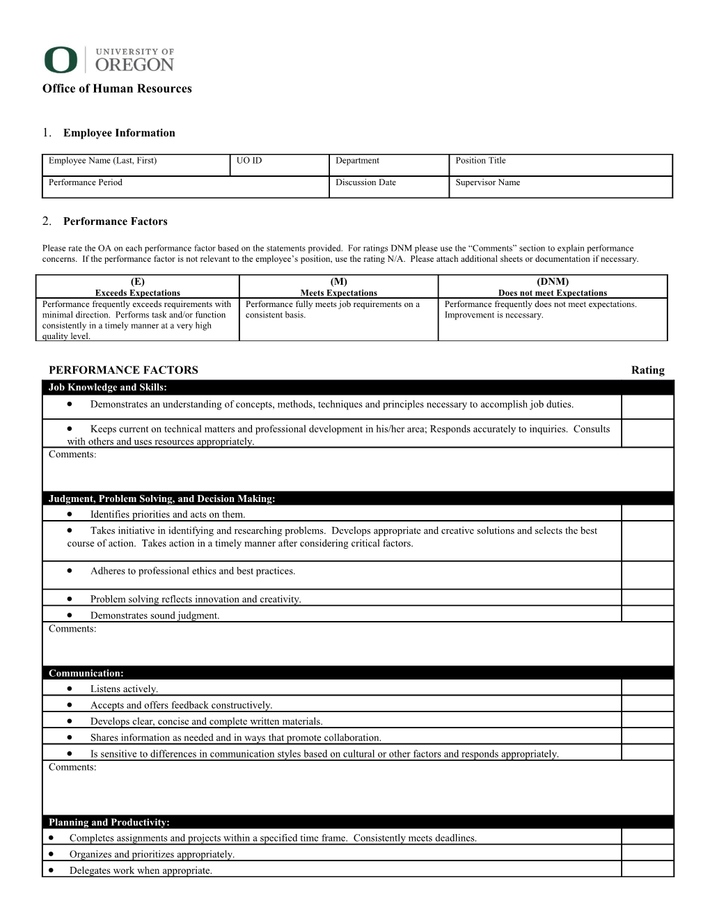 OA Performance Evaluation Form