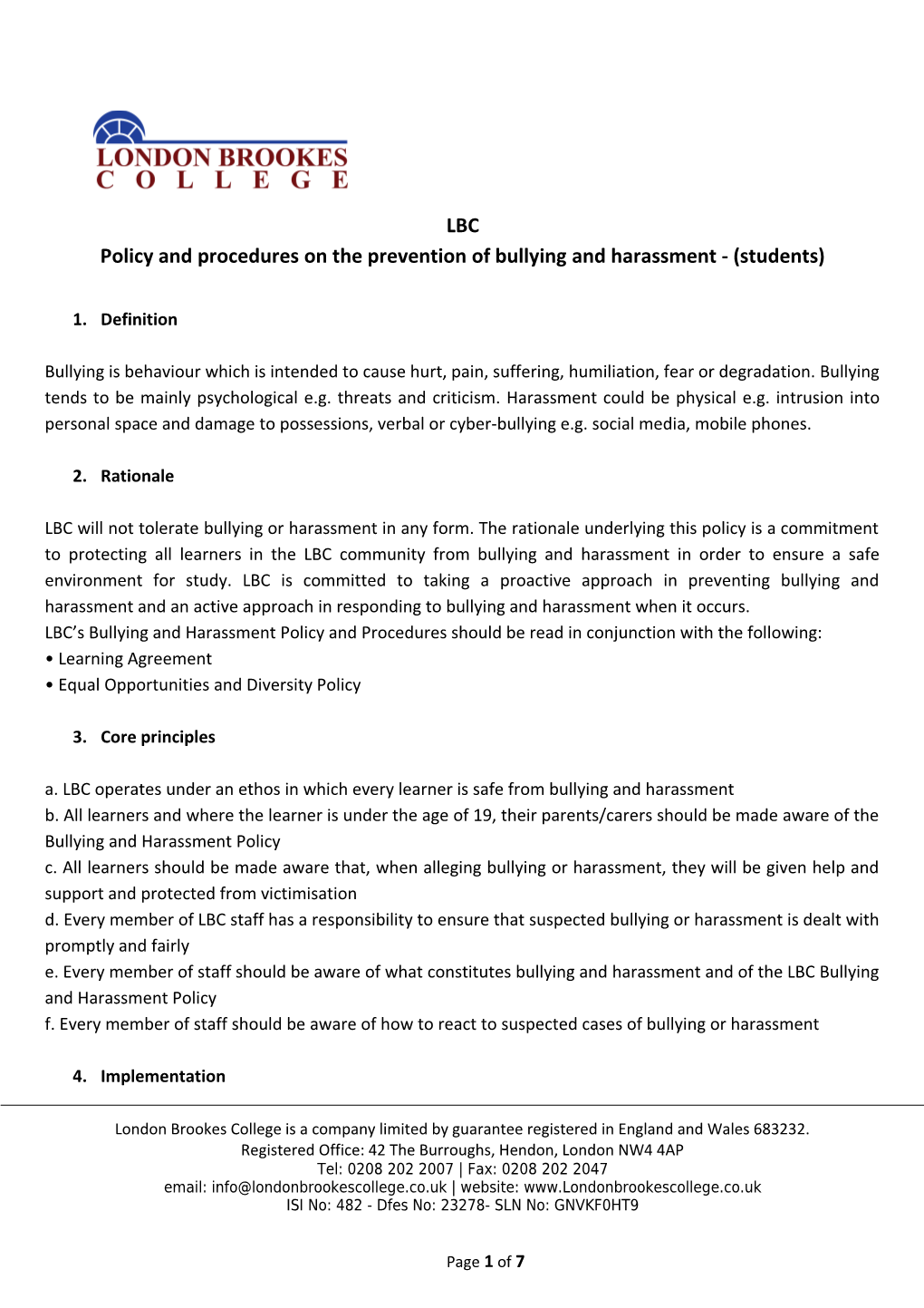 Policy and Procedures on the Prevention of Bullying and Harassment - (Students)