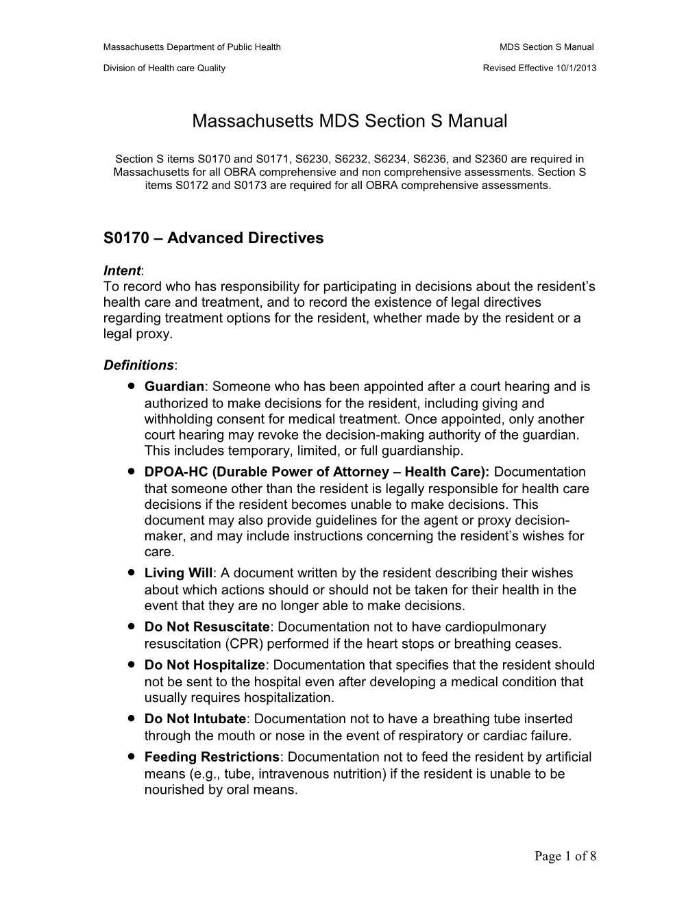 Massachusetts MDS Section S Manual