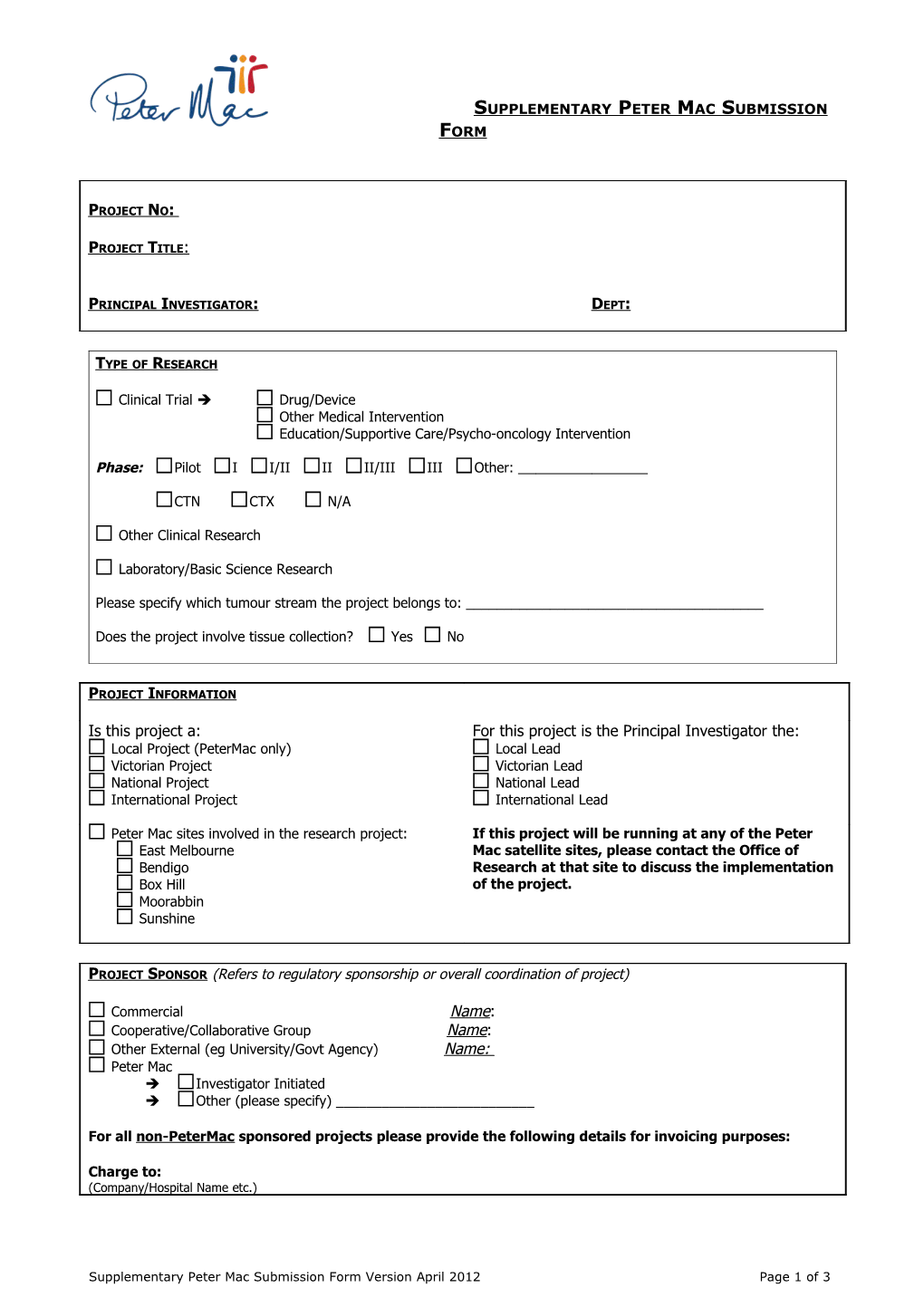 (Draft) Supplementary Peter Maccallum Cancer Institute Submission Requirements Form