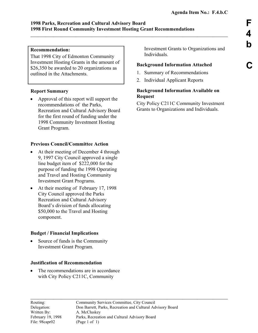 Report for Community Services Committee March 9, 1998 Meeting