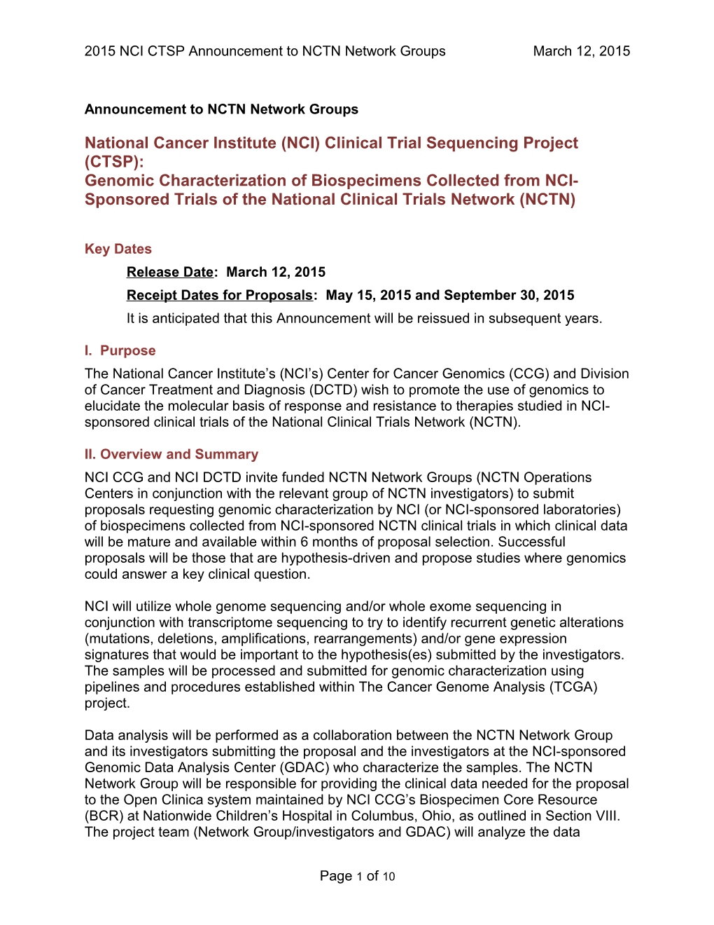 National Cancer Institute (NCI) Clinical Trial Sequencing Project (CTSP): Genomic