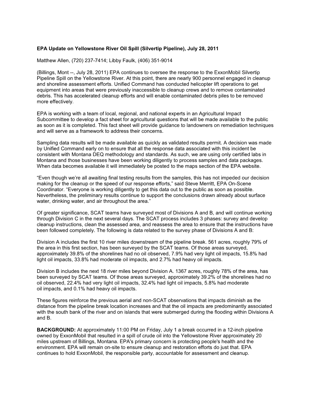 EPA Update on Yellowstone River Oil Spill (Silvertip Pipeline), July 28, 2011