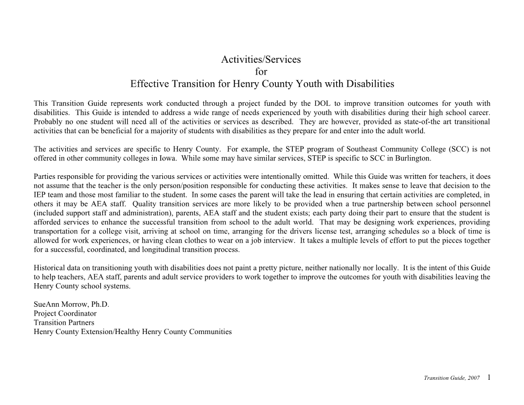 Activities/Services for Effective Transition for Henry CO Youth with Disabilities