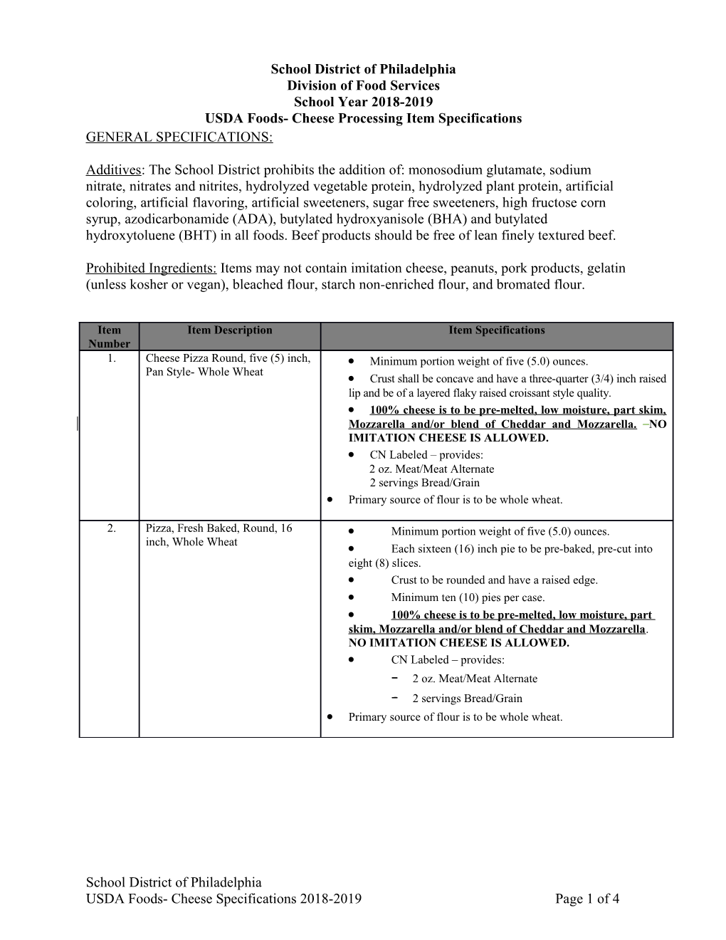 USDA Foods-Cheese Processing Item Specifications