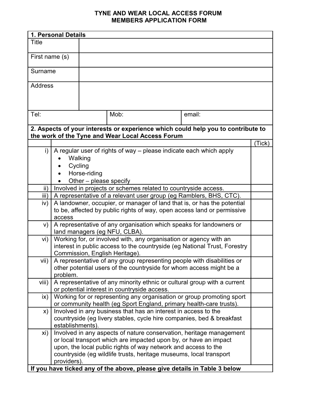 Tyne & Wear Laf Members Application Form