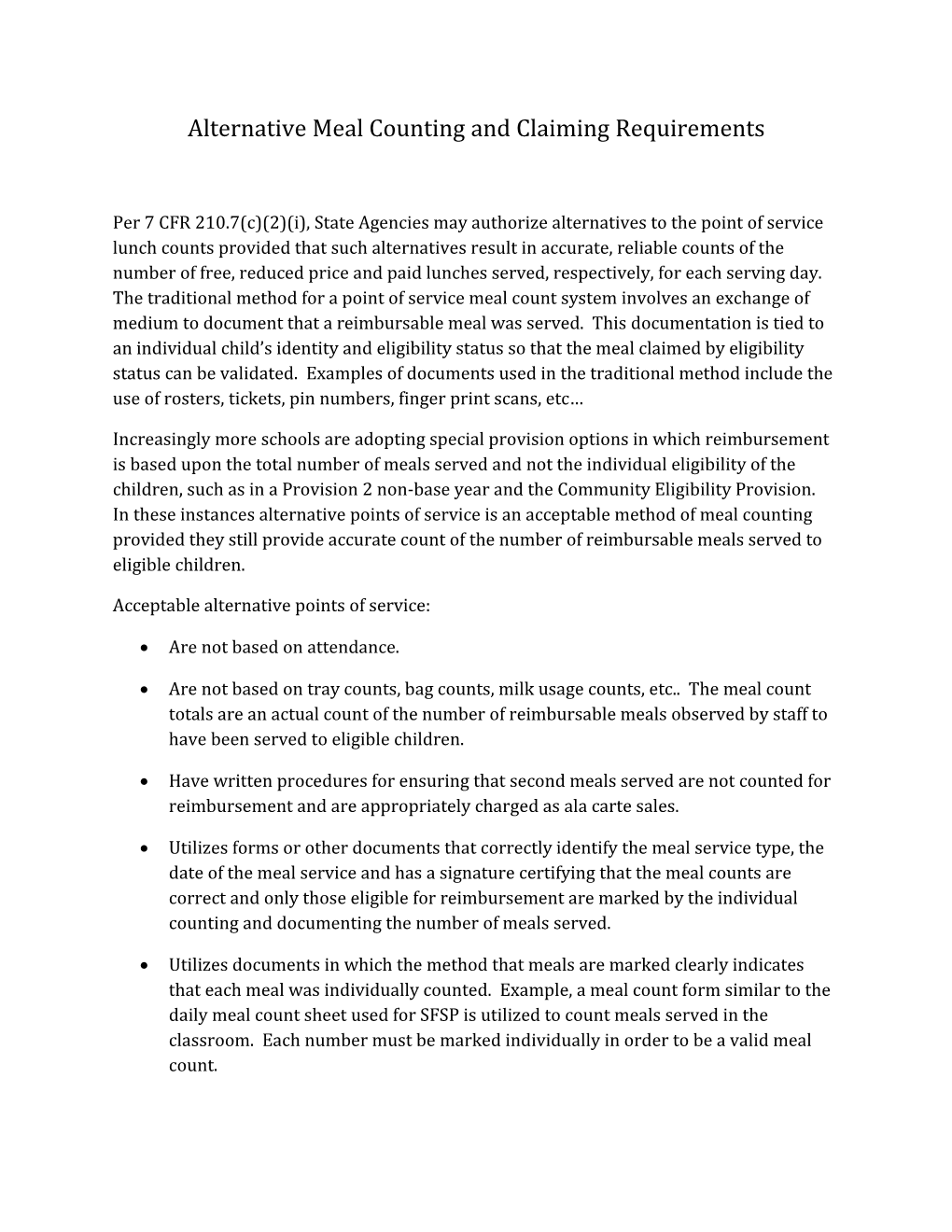 Alternative Meal Counting and Claiming Requirements