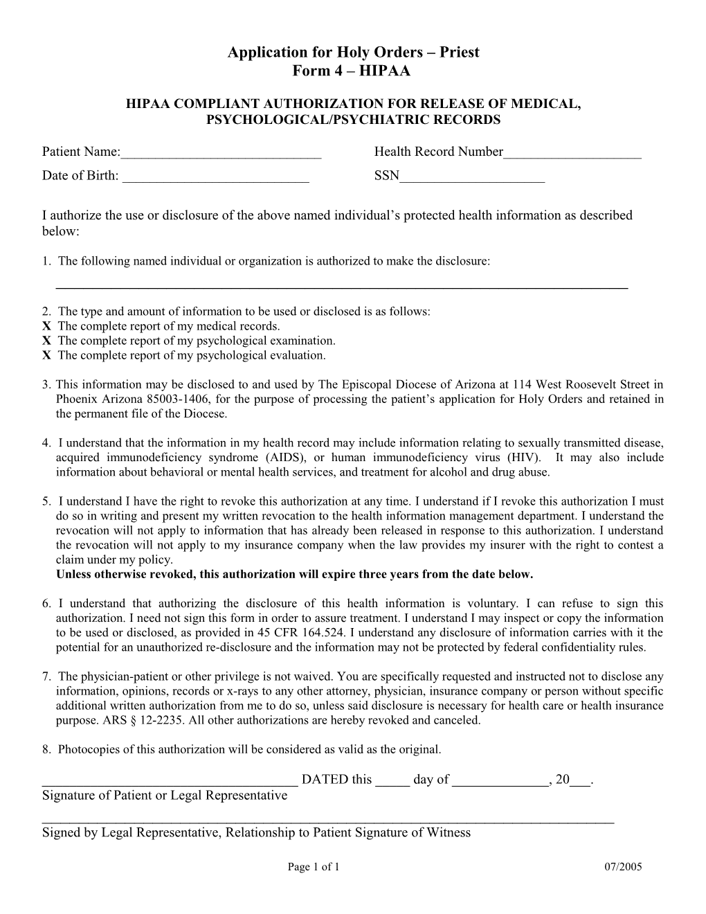 Application for Holy Orders Diaconate