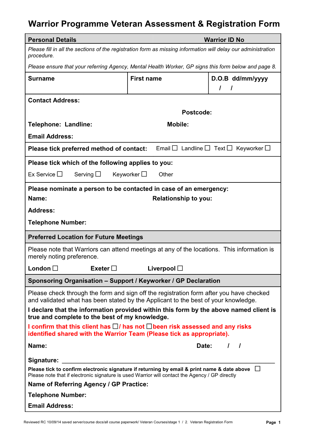 Warrior Programme Veteran Assessment & Registration Form