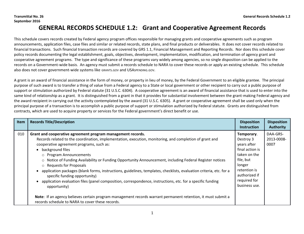 GENERAL RECORDS SCHEDULE 1.2: Grant and Cooperative Agreement Records