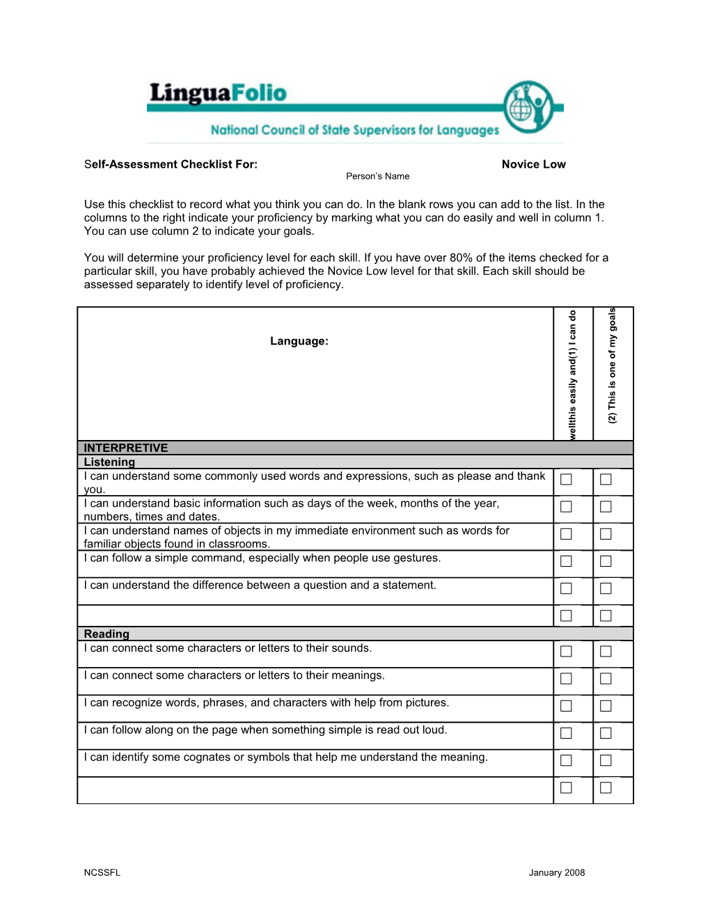 S Elf-Assessment Checklist For: Novice Low