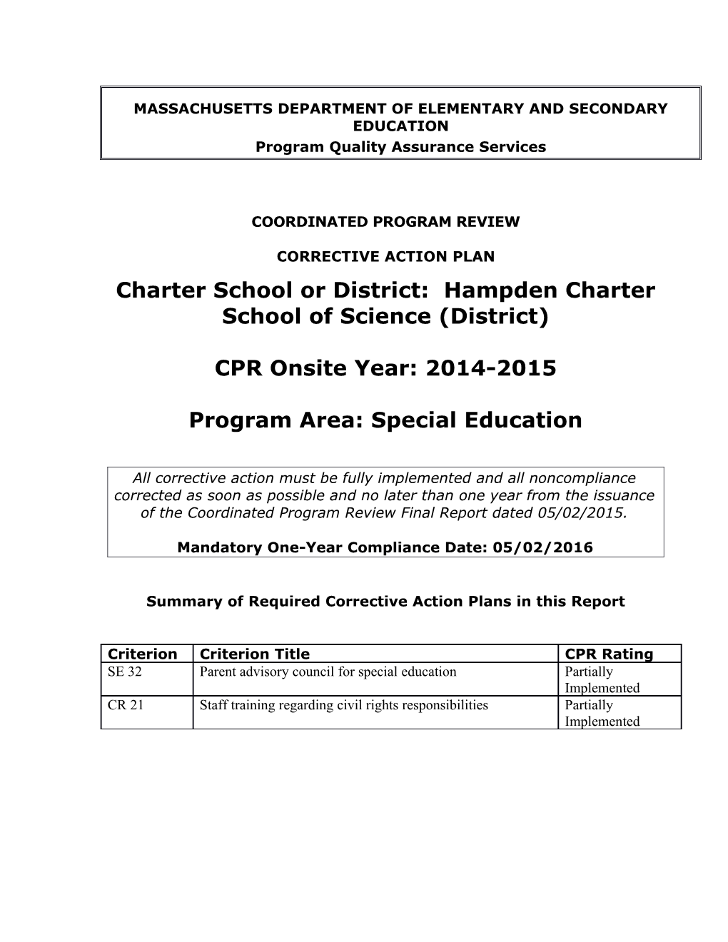 Hampden Charter School of Science CAP 2015
