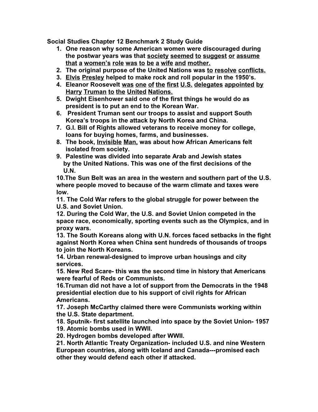 Social Studies Chapter 12 Benchmark 2 Study Guide