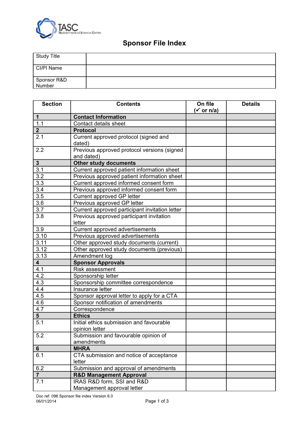 Sponsor File Checklist