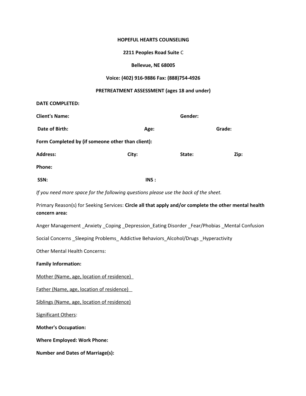 PRETREATMENT ASSESSMENT (Ages 18 and Under)