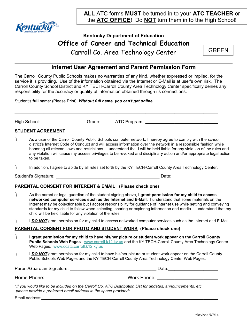 Internet User Agreement and Parent Permission Form