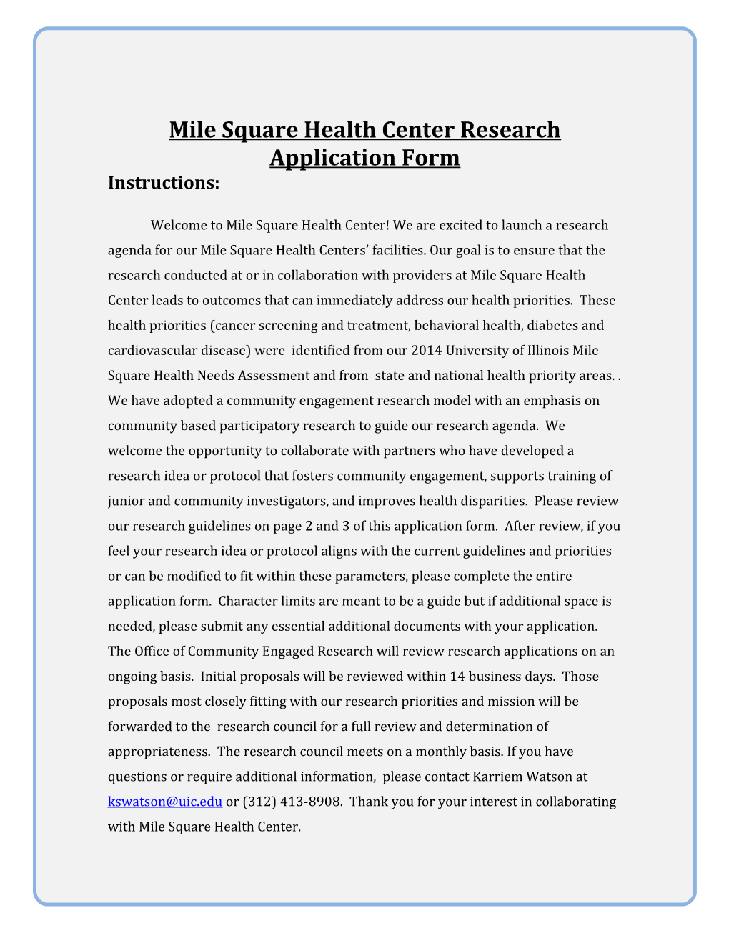 Mile Square Health Center Research Application Form