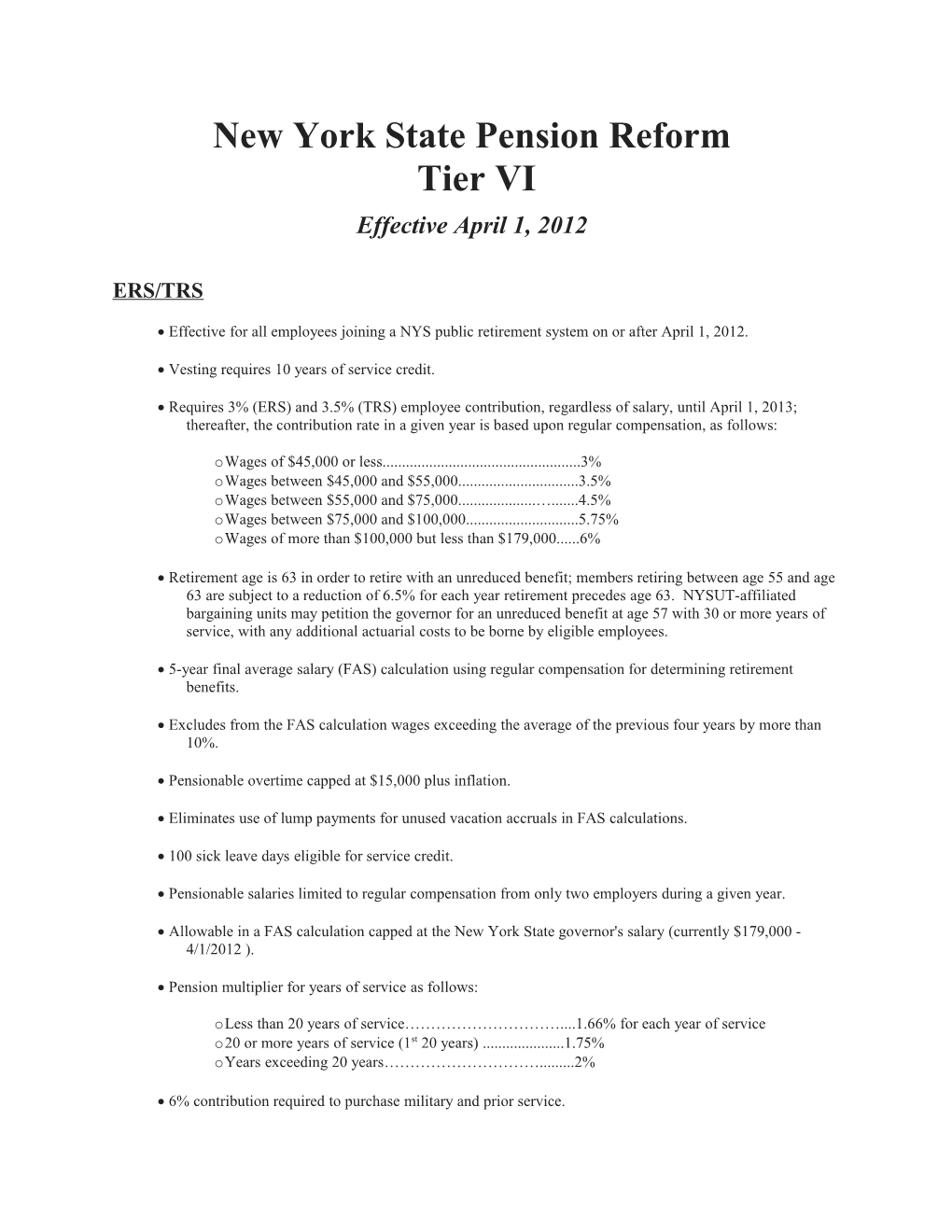 New York State Pension Reform Tier VI Effective April 1, 2012