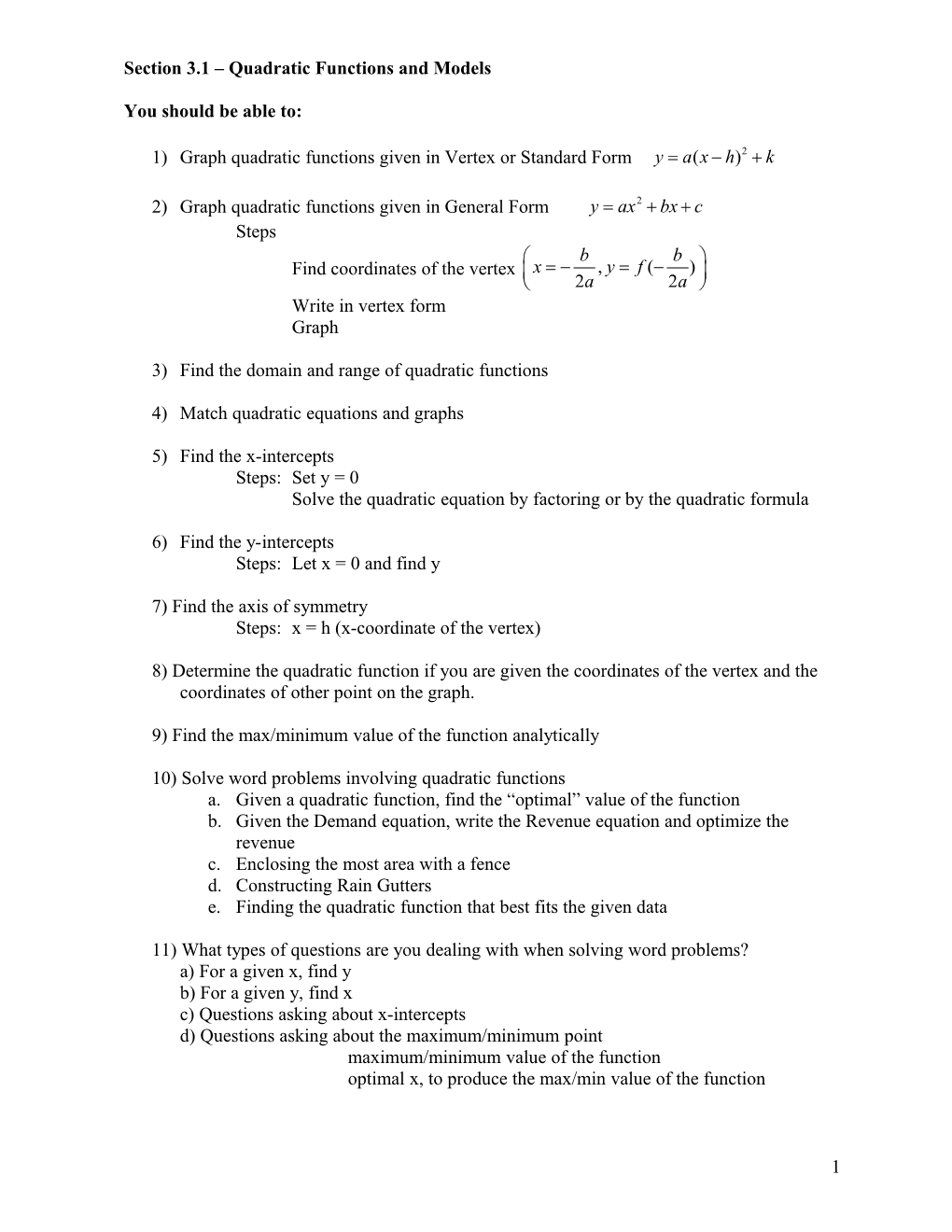 Section 3.1 Quadratic Functions and Models