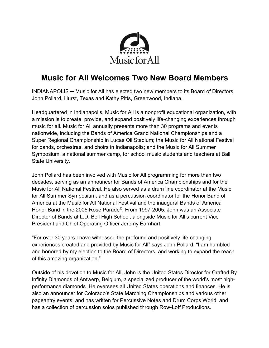 Music for All Welcomes Two Newboard Members