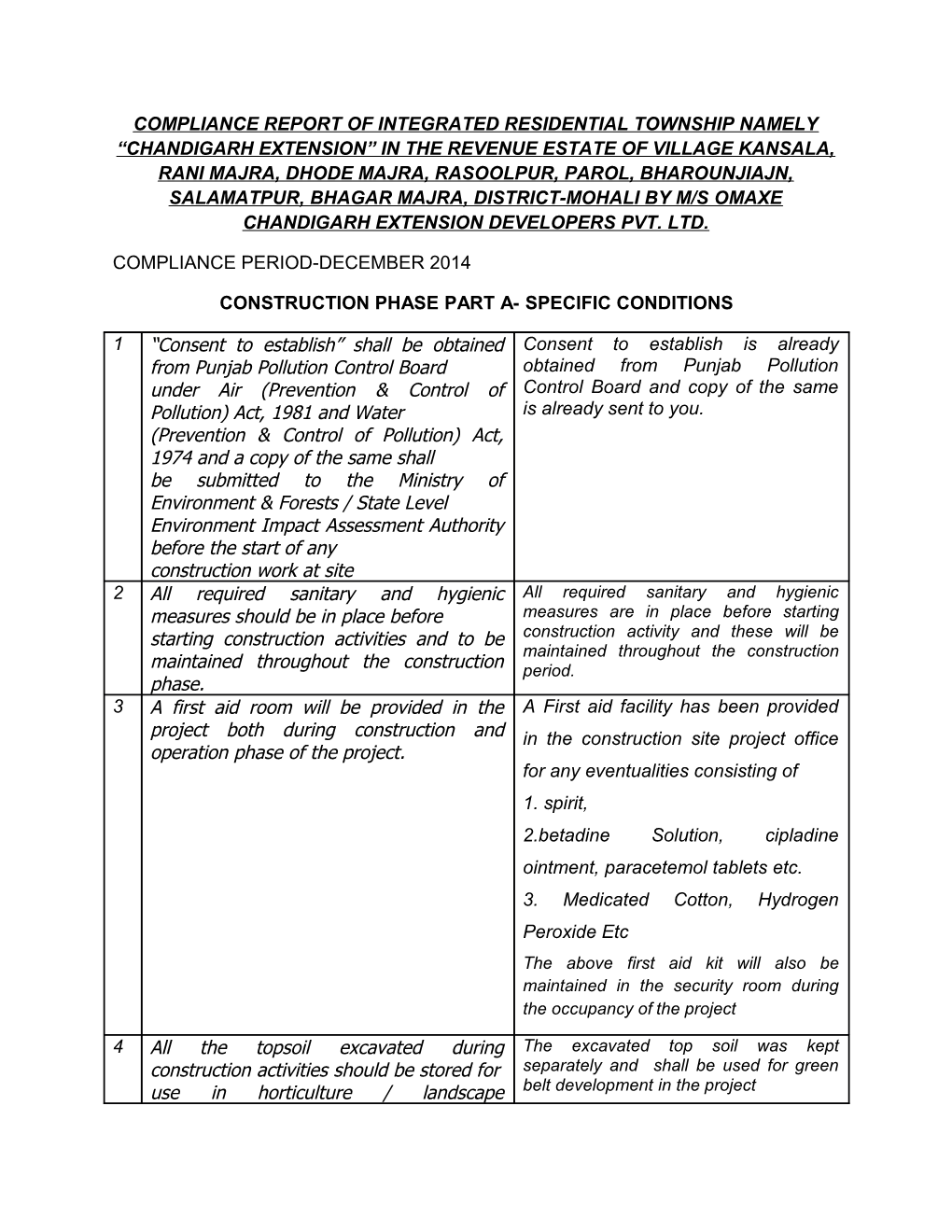 Construction Phase Part A- Specific Conditions