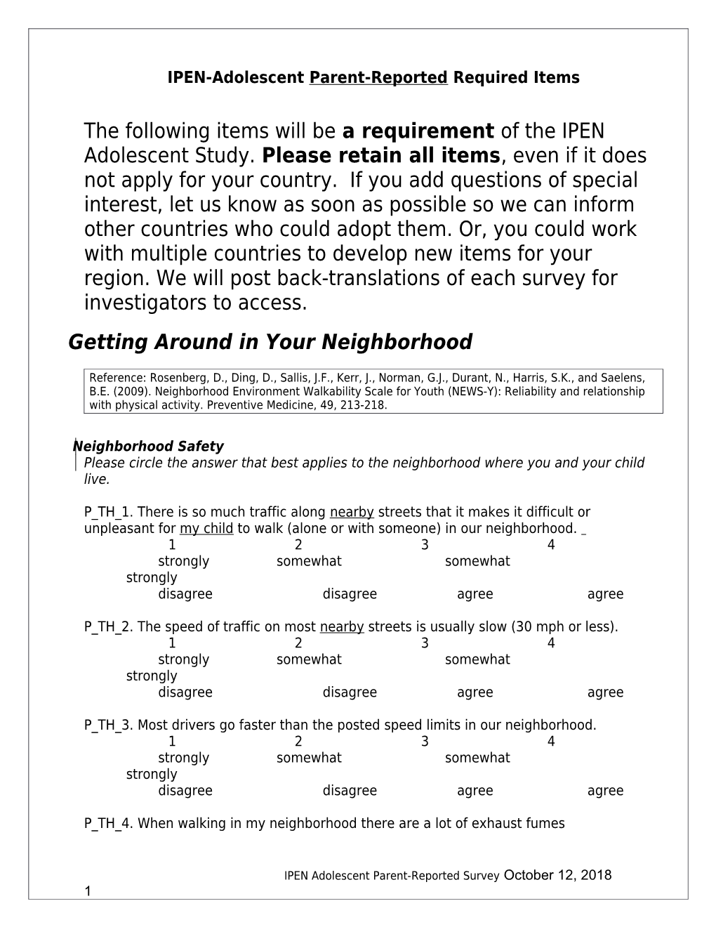 IPEN-Adolescent Parent-Reportedrequired Items