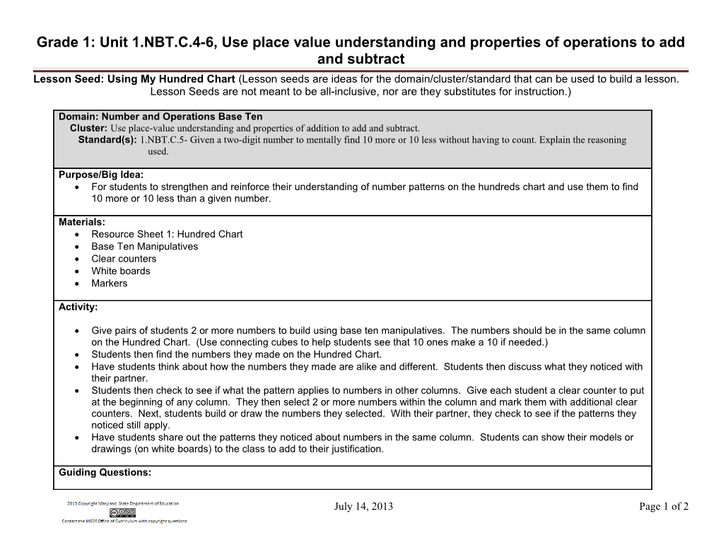 Grade 1: Unit 1.NBT.C.4-6, Use Place Value Understanding and Properties of Operations To