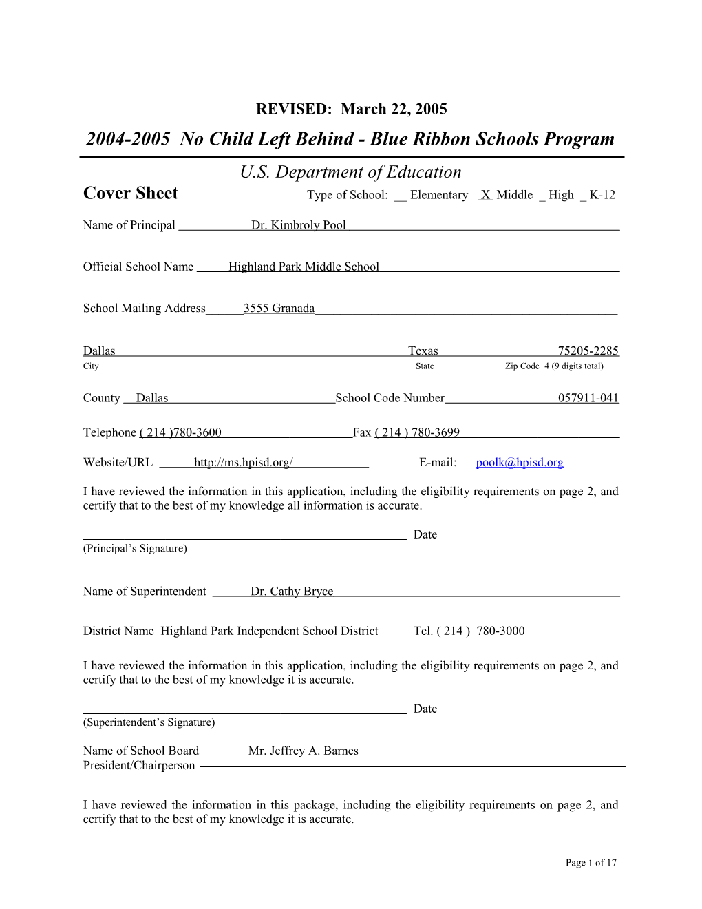 Highland Park Middle School Application: 2004-2005, No Child Left Behind - Blue Ribbon
