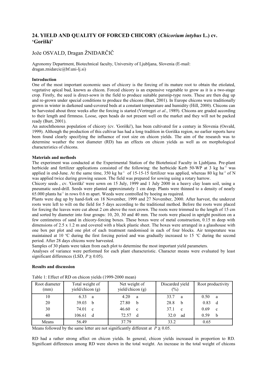 Yield and Quality of Forced Chicory (Chicorium Intybus L