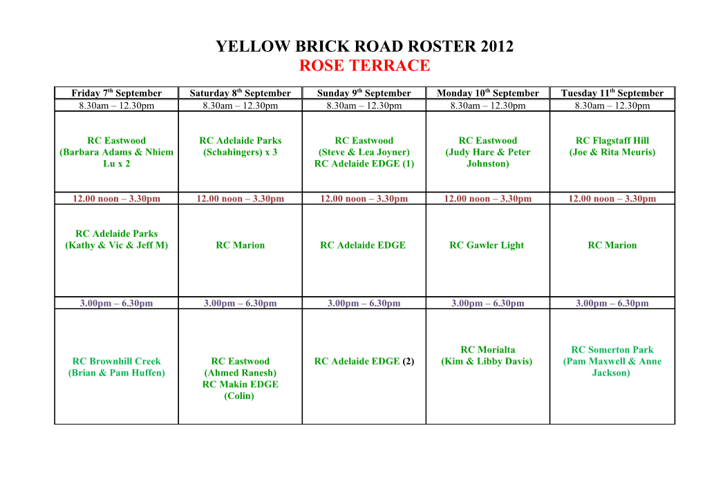 Yellow Brick Road Roster 2010