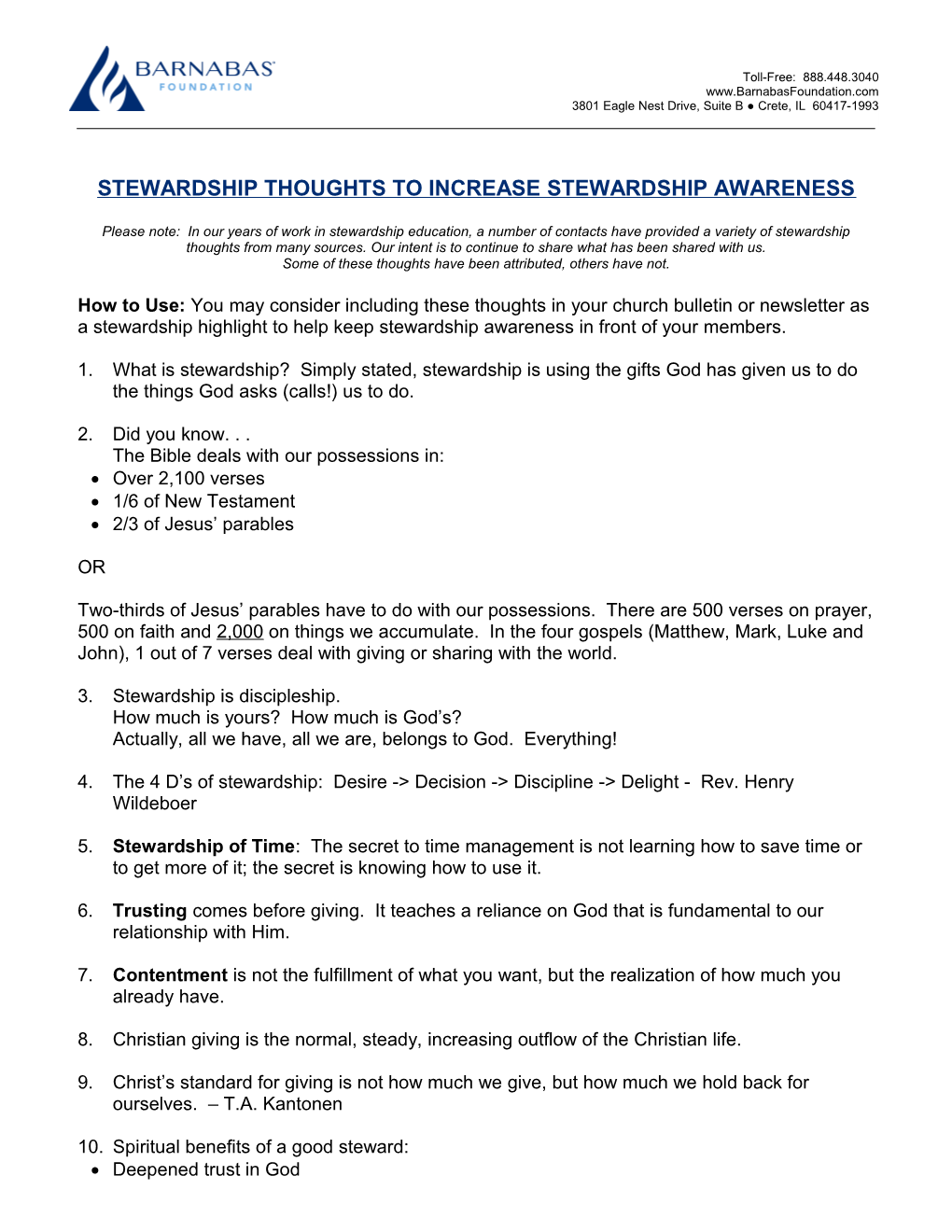 Stewardship Thoughts to Increase Stewardship Awareness